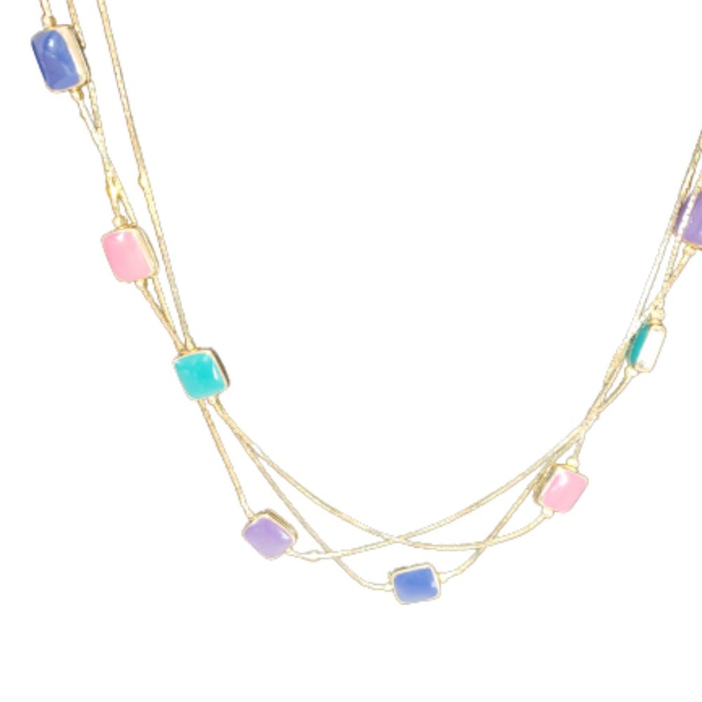 Gold Triple Strand Necklace With Jewel Tone Enamel Beads Vintage 80s Korea 22"
